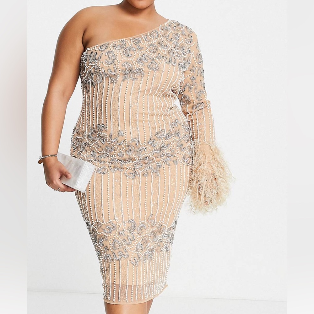 ASOS Luxe Curve: one sleeve midi dress with embellishments and faux feathers